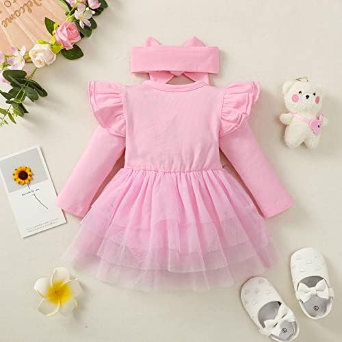 Бебе девојче облека за девојчиња, розови ракави, ромпер фустан, новороденче, облечена во лента за глава, комбинирано здолниште