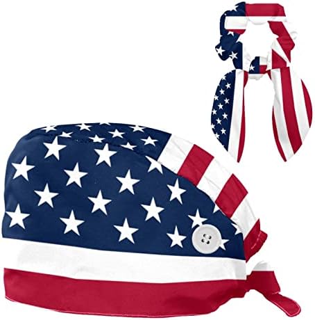 Работно капаче на американско знаме со САД со копчиња прилагодлива буфантска капа Unisex Scrub Cap со лак коса
