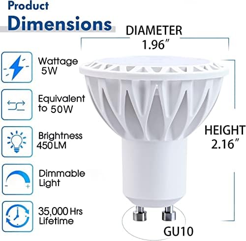 GOHDLAMP GU10 LED Светилки Затемнети, 5W 50 Вати ЕКВИВАЛЕНТ LED Сијалица, 2700k Топло Бело 450 Лумен Gu10 Сијалица Стандардна База,