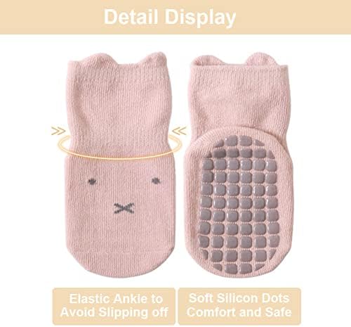 Есрол Бебе чорапи со грипер против лизгање чорапи Дете за деца Трамплин чорапи за деца рефус 5 пара розова сива кафеава боја