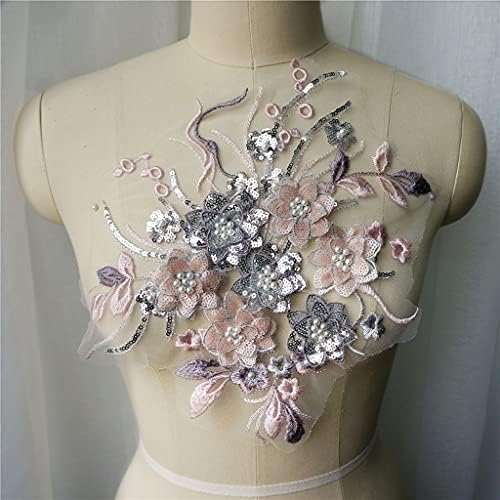 ZyzMH розово сребро 3Д цвет од ткаенини од ткаенини од ткаенини, кабел, извезена наметка, јака шива лепенка за декорација на венчавки DIY