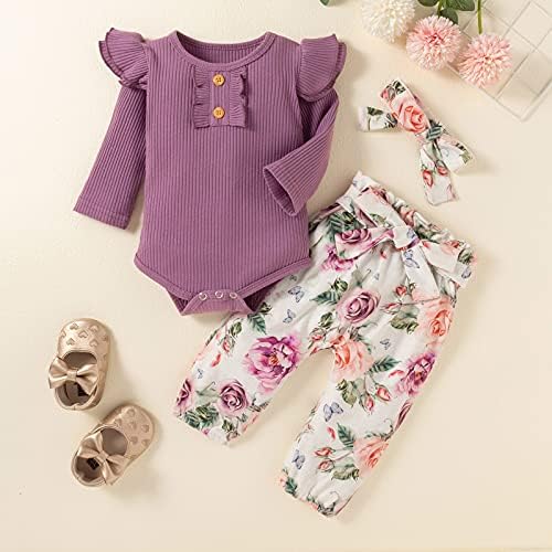 Доенчиња за бебиња за бебиња Руфли Руфли Ромпер врвови цветни панталони со облека за облека за деца, облечени облеки за облека, поставено