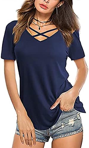 Кошули со кратки ракави за жени со секси секси V-вратот Ц маица со јака од јака, маица со кратки ракави маица блуза, обични лабави маички