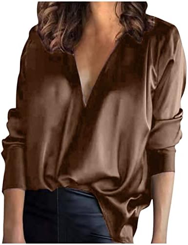 Longенски сатен блуза со долг ракав против вратот v вратот Обичен лабав кошула облечени маици за жени работа во канцеларија