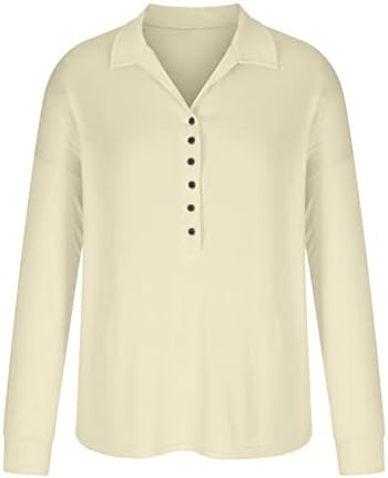 Женски долг ракав Хенли кошула против копчето за вратот надолу со врзана цврста боја плетена маица лабава обична блуза