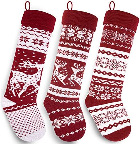 Starвезден динами 26-инчен бургунд црвен/бел фарма куќа плетена Божиќна чорапи)