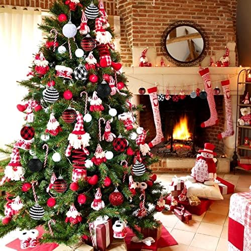 48 парчиња Божиќни топки украси, 50мм/2in елка што висат украси, сјајни рустикално црвено бело црна топка Божиќна ткаенина, расипана топка