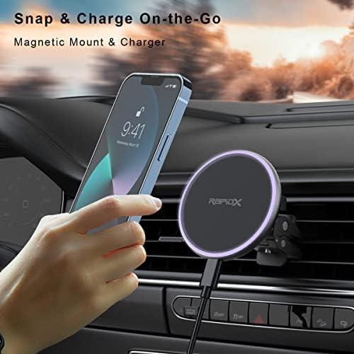 Rapidx Dashio MW2 Car Vent Mount & Magnetic Wireless Charger Circle, до 15W, за iPhone 14/13/12 & понов, или друг iPhone/Android