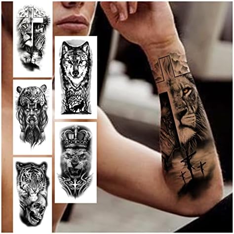 Привремени тетоважи 6 парчиња крст лав привремена тетоважа за жени мажи возрасни череп тигар волк шума налепница црна реална демонска