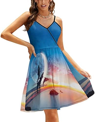 Baikutouan Убав делфин со зајдисонце женски секси прашка фустан обичен летен фустан од руфла занишан фустан од миди плажа фустан