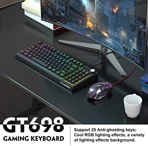Тастатура за игри Magegee GT698 и комбо на глувчето, TKL 89 клучеви за игри RGB LED Rainbow Backlit, анти-Ghosting USB жичен тастатура,