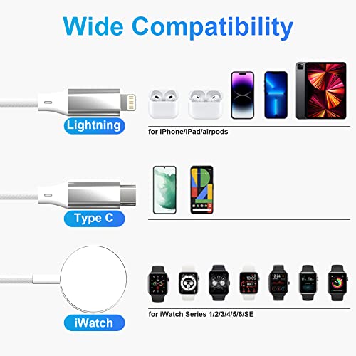 Apple Watch Полнач Кабел 10ft/3M [MFi Сертифициран] USB A/C До Кабел За Полнење Со Повеќе Глави Со Iwatch Полнење + 2 Молња + USB-C ,Apple