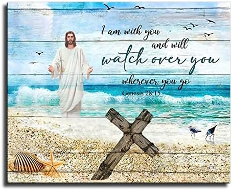 Христијанска инспиративна декор wallидна уметност Исус и крст на плажа плата по плакат
