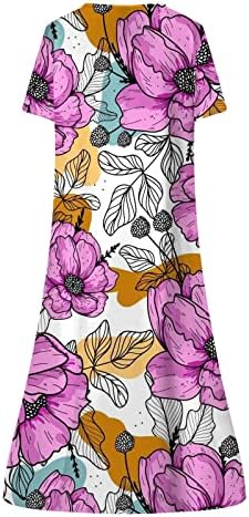 ADHOWBEW Женски Цветни Кратки Ракави Плус Големина Миди Фустан Со Џебови Лето 2023 Модни Сарафани На Плажа