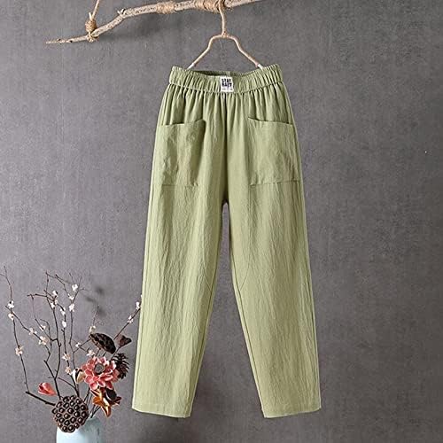 Обични панталони за жени памучни постелнини исечени широки нозе каприс панталони цврсти џебови со високи половини дневни панталони летни панталони