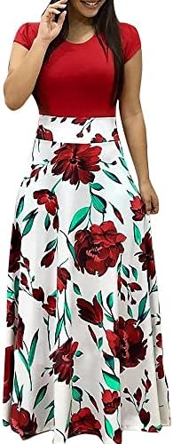 Adhowbew Maxi фустан за жени плус големина Елегантен цветен принт краток ракав долг фустан обичен О вратот империја на половината фустан
