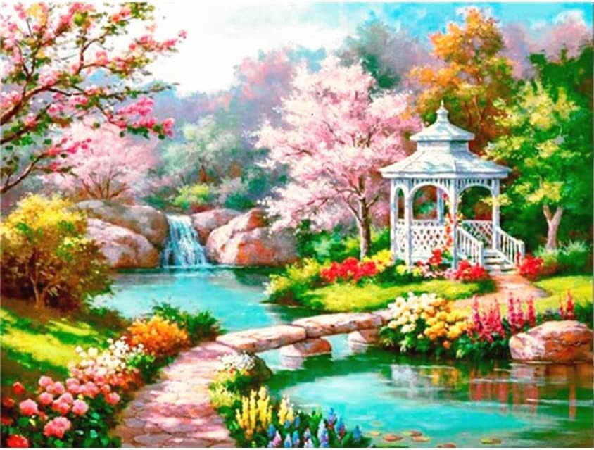 5д дијамантски сликарски комплети бајка фанти сонуван пролетен пејзаж шарен градинарски цвеќиња дрво шумски речен мост DIY мозаик