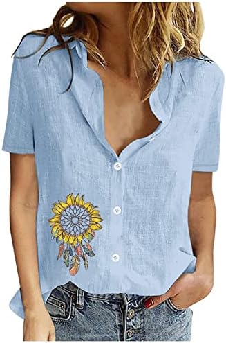 Женско копче надолу маици со кратки ракави постелнина памучна блуза случајна v вратот Туника Топ Индијанци етнички стил врвови блуза