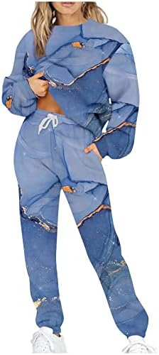 Врзана боја потта за жени мермер печати 2 парчиња облеки Поставете врвови со долги ракави и џемпери за модни патеки