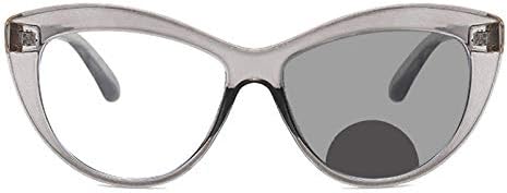 Бифокални очила за читање со фотохроматски сиви леќи, класична рамка за очи на мачки со пролетна шарка, бифокален читател за