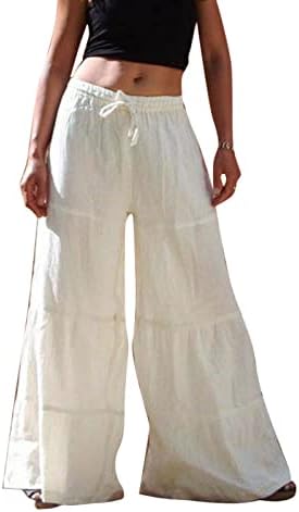Памучни постелнини панталони за жени, летна обична широка нога јога палацо долги панталони цветни печатени салон панталони за жени
