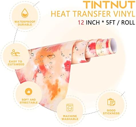 Tintnut Tie Dye Dye Transfer Transfer Vinyl Roll - 12 инчи x 5 ft портокалови облаци образец печатено HTV виножито бојата железо