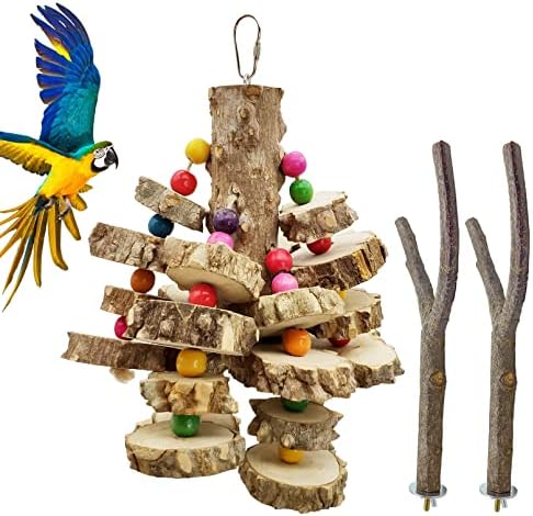 Играчки Хамиледии Вуд Макав Природна голема папагала играчка за џвакање со повеќе болни дрвени блок солзи висечки кафез за птици играчки