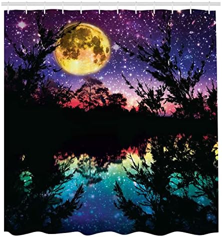 Амбесон Езеро Туш Завеса, Природата Месечината Ѕвезди Во Ноќното Небо Со Дрвја Современа Уметност Модерен Печатен Дизајн, Ткаенина Ткаенина