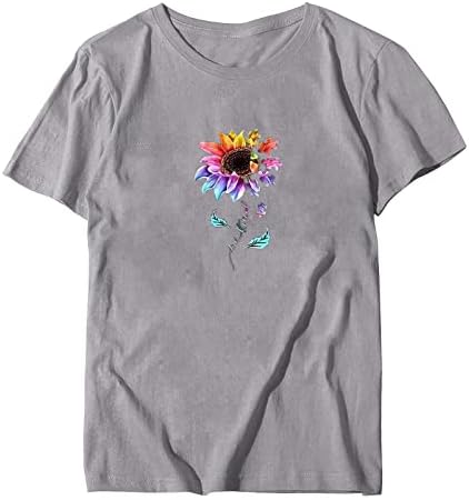 Womenените сончогледи печатена маица тркалезна врата обична маица лето кратки ракави лабави маици пулвер блузи блузи врвови врвови