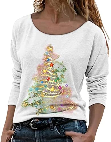 Женска кошула Божиќна печатена маица долга ракав тркалезна вратна блуза лабава горната женска маица