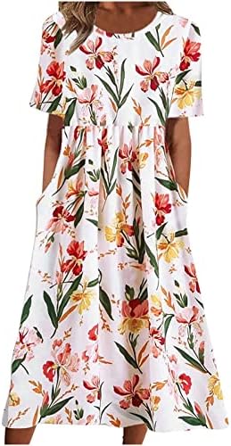 Летни фустани жени бохо цветни печатени фустани 2023 моден каузален краток ракав долг фустан одмор на плажа фустан со џебови