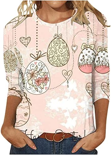 Плус големина Велигденска кошула за жени Симпатична зајаче јајца Печати ја топ 3/4 ракав, обични влезови на вратот, маица со блуза