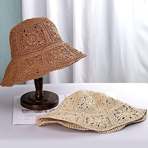 Женска слама сонце капа цветна ткаена корпа капа риболов капа од плажа капа ткаена капаче за преклопување