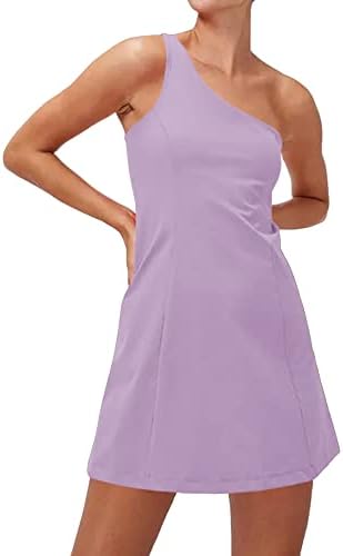 Aurgelmir женски фустан за вежбање со еден рамо за тениски фустан со вграден градник и шорцеви вежбаат атлетски фустани