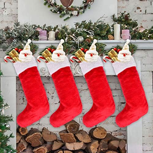 Драгхаус 4 Пакувања Божиќни чорапи, 21 инчи полиестер класичен црвен и бел кадифен мерцеризирани кадифени чорапи, за домашни празници за Божиќни