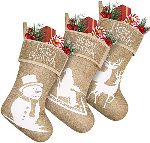 Нихом големи Божиќни чорапи 3 -пакувања, 18,3 природни украси со постелнина со ликови од Дедо Мраз, снежни и ирваси - Совршен за семејниот и