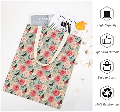 Рози и пеперутка симпатична платна торба естетска гроздобер чанта чанта чанта за еднократна употреба торба за купување со рачки