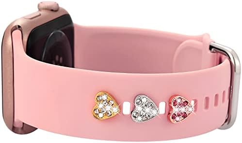 Декоративен шарм прстен компатибилен со apple watch band 7/6/5/4/3/2/1 Силиконски ленти,Симпатична срцева шепа дијамантски кристал