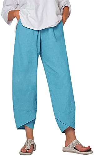 Памучни панталони плус жени модна цврста боја памучна лента еластична долга панталони плажа панталони за слободно време плус големина