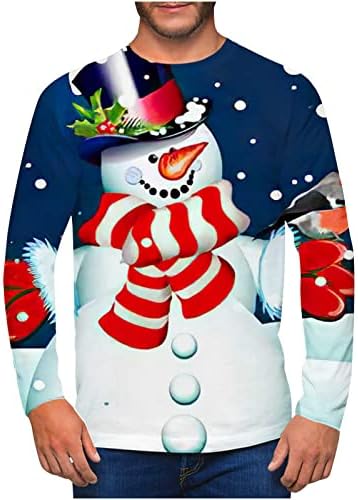 Мажите Божиќни врвови мода 3D снежен човек печатеа обични маици со долг ракав за мажи графички пикало за вратот на вратот