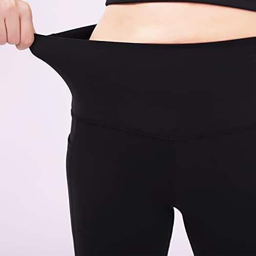 Falliget со високи половини од половината за жени со 2 странични џебови, контрола на стомакот за протегање спортски панталони за спортски шорцеви