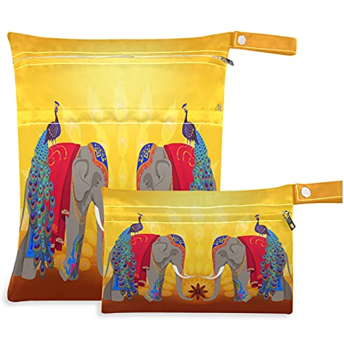 visesunny Индија слон 2 парчиња Влажна Торба Со Џебови Со Патент Што Се Перат Пространа Торба За Пелени За Повеќекратна Употреба За Патување,Плажа,Дневен