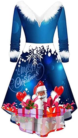 Женски божиќен забавен фустан моден кадифен плишани долги ракави V-вратот неправилни фустани грди смешни џемпери