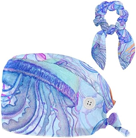 медуза на сина позадина. Рачно нацртани прилагодливи капи со капачиња со капачиња со лак со лак за коса