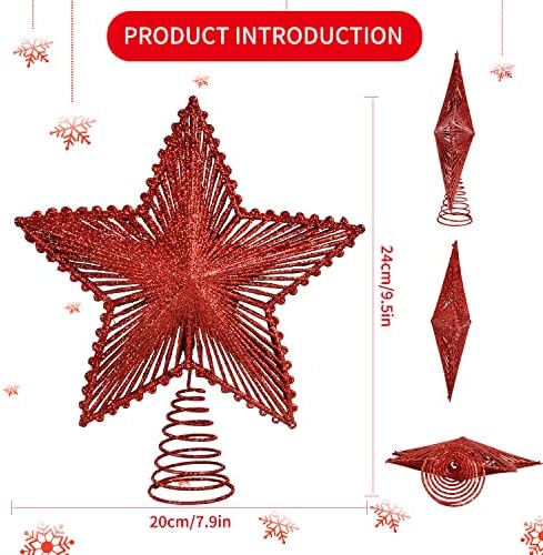 Топер за Новогодишна Ѕвезда, 9,5-Инчен Црвен Сјај Метал 3Д Шуплива Ѕвезда За Декорација На Новогодишна Елка