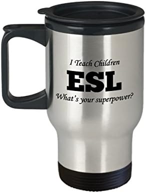 Кул Смешни Уникатен ESL Наставник Кафе Патување Кригла Чај Чаша Совршен За Мажи Жени Јас Ги Учат Децата ESL која е вашата суперсила?