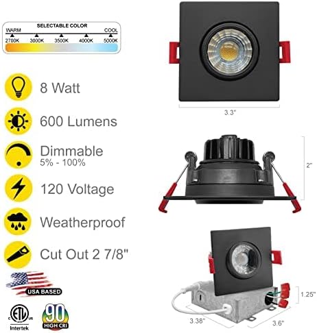 Nuwatt | 16 Пакет | Црна 3 Инчен Квадратни Прилагодливи LED Таванот Светлина Gimbal Вдлабнати Осветлување Затемнување Може Да Се