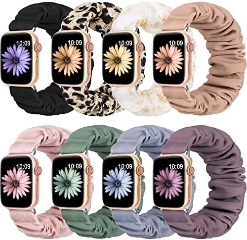 8 пакувања Scrunchie ленти компатибилни со Apple Watch Band 40mm 41mm 38mm 44mm 42mm 45mm за жени, крпа симпатична печатена