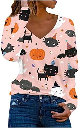 Дами празници за Ноќта на вештерките бранч маички со долги ракави блузи маички vneck тиква мачка опуштена вклопена симпатична