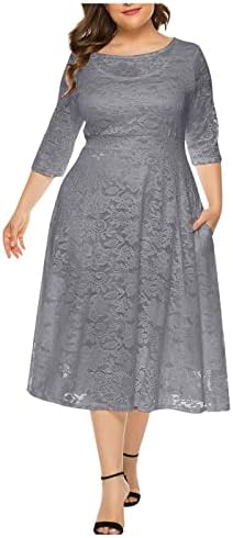 Fragarn sundresses за жени, женски темперамент со три четвртина ракав чипка чистата цврста боја на врата О-врат плус фустан